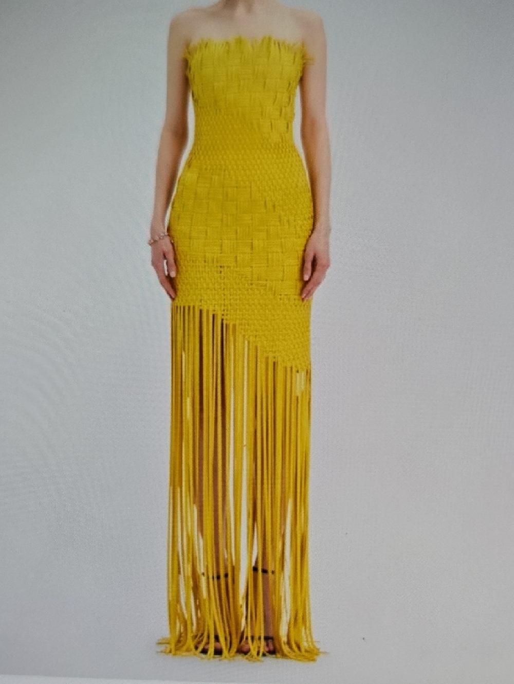 Oscar de la Renta Strapless Yellow Fringe Knit Gown - Picture 2 of 2